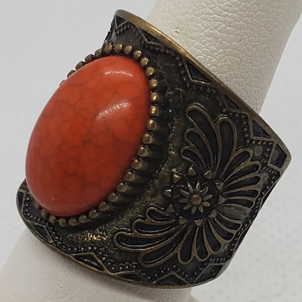 Orange & Gold Tone Stretchy Ring